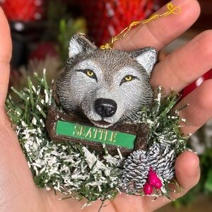 Wolf Christmas Ornament with Seattle Sign Made in USA Artisans